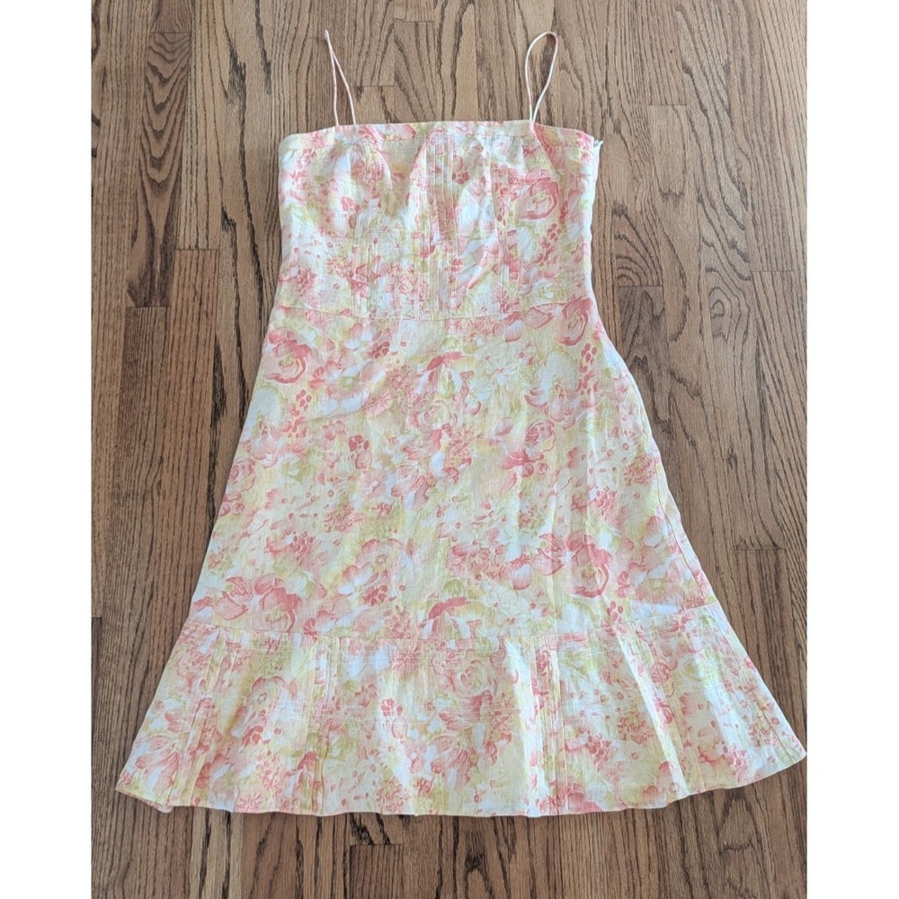 Ann Taylor Linen Dress Womens 10 Floral Pink Peach Yellow Strapless lined Summer